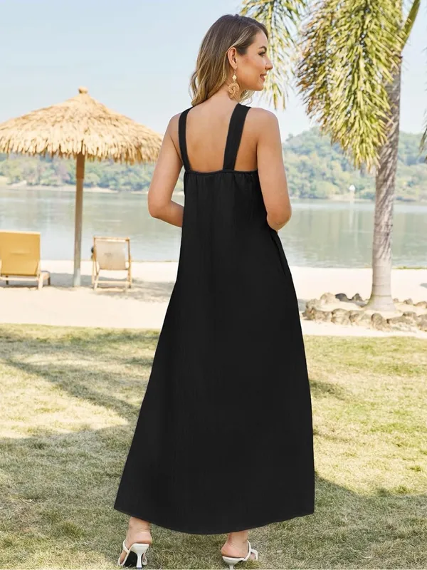 Kikibell Black Halter Maxi Dress Plisse Crinkle Flowy Summer Vacation Medium - Image 3