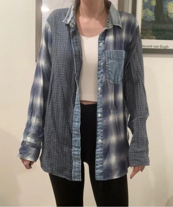 American Eagle Multi Printed Plaid Chambray Denim Button up Shirt - Image 3