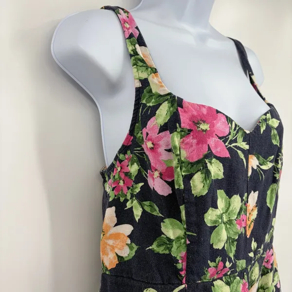 Old Navy Linen Blend Floral Midi Dress Sz L Cottagecore Milkmaid Coastal Navy - Image 5