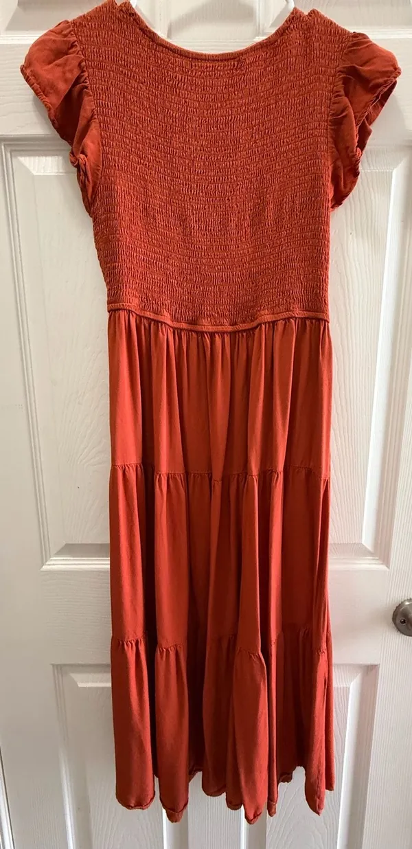 MEROKEETY Tiered Maxi Dress Size M Rust Orange Smocked Bodice - Image 6
