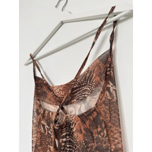 Pretty Little Thing Maxi Dress Cover Up Mesh Brown Leopard Print Size 2 Spaghetti Strap Summer Dress - Image 6