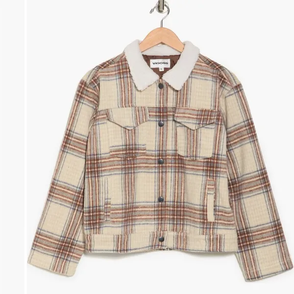 Vigoss Plaid Faux Shearling Collar Crop Trucker Jacket Size M - Image 2