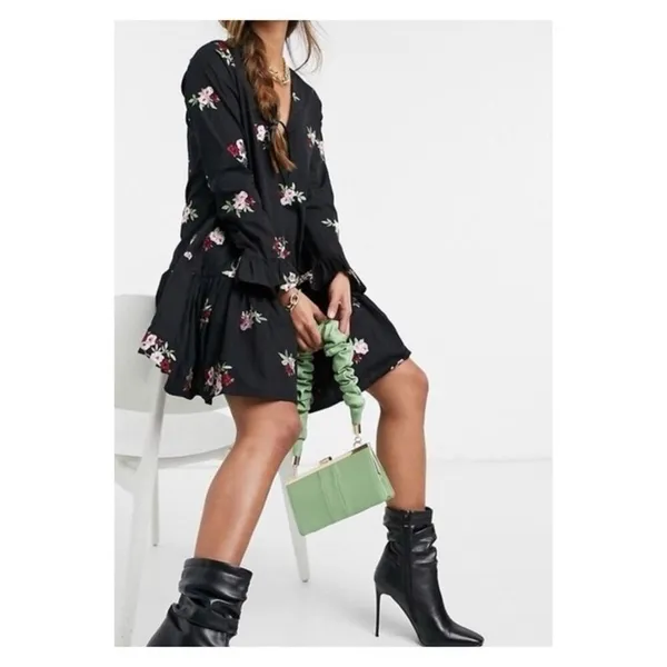 ASOS Women's Floral Embroidered Drop Waist Mini Dress Size 10 Black Boho Chic‎ - Image 9