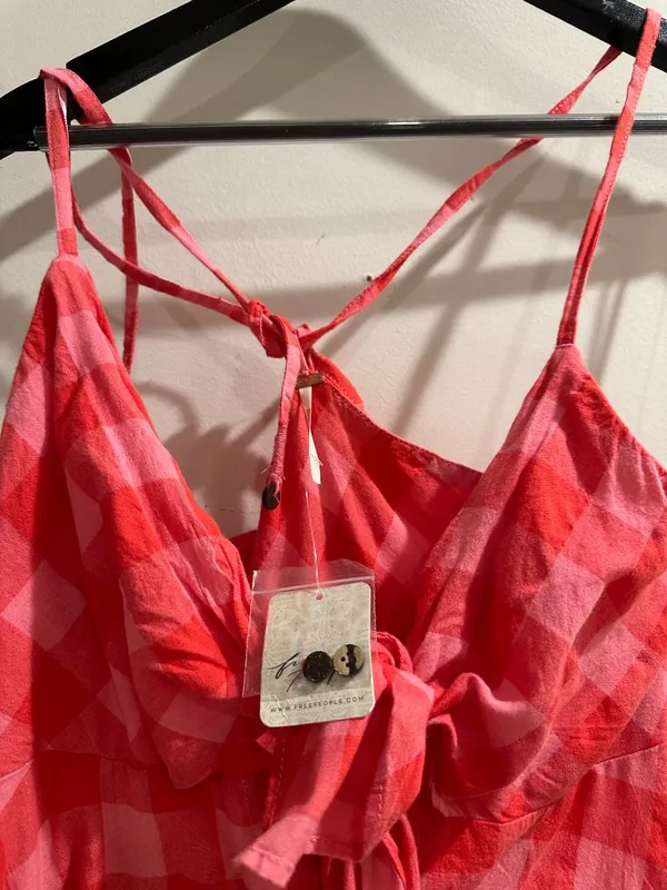 FREE PEOPLE Via Gingham Cotton Seersucker Sundress Red Combo Everly X-Small NWT - Image 7
