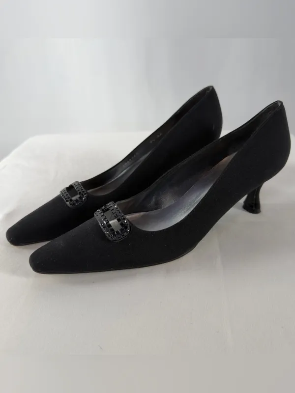 Vintage Stuart Weitzman Pointed Toe Kitten Heels with‎ Embellished Buckle Black - Image 7