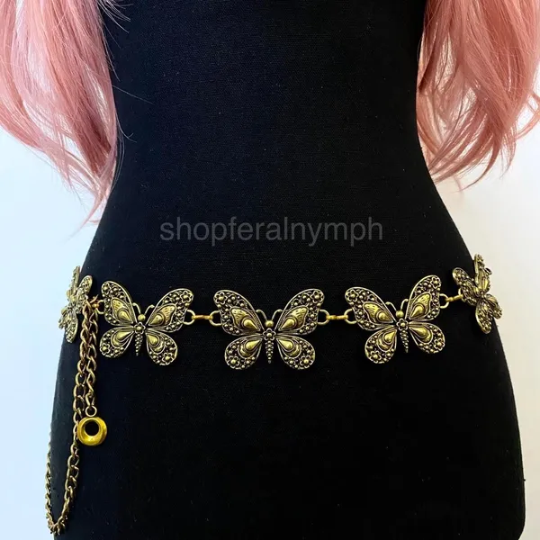Antique Gold Y2K Butterfly Fairycore Chain Belt, Fits 16-45 Inches, X7GA1378 - Image 2