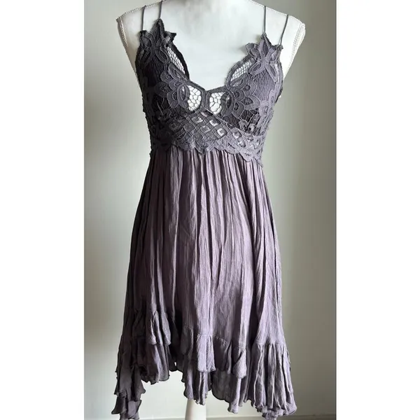 FP One Adela Lace Strappy Smocked Boho Dainty Fairy Core Gray Purple Dress S - Image 3