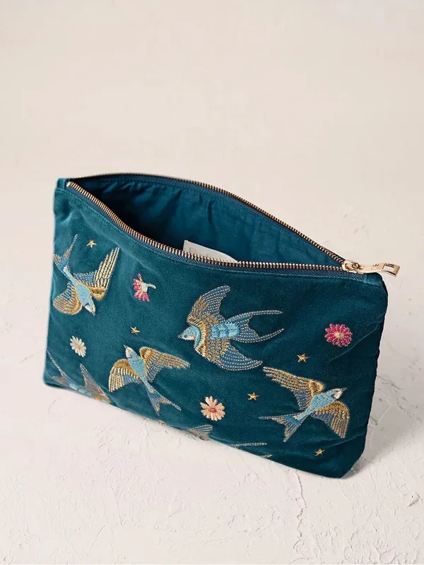 Elizabeth Scarlett Swallows Bird Rich Blue Velvet Embroidered Everyday Pouch New - Image 2