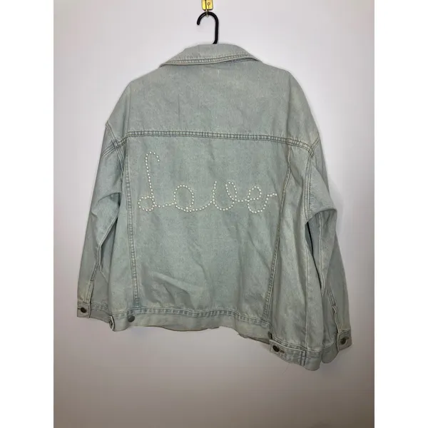 POL Denim Jacket Womens Medium Light Blue Excellent Pearl Love Embellished TWJ19 - Image 6