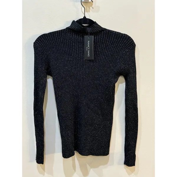 Nancy Yang black ribbed mock neck sweater Studded Size XS Black Multi - Image 3