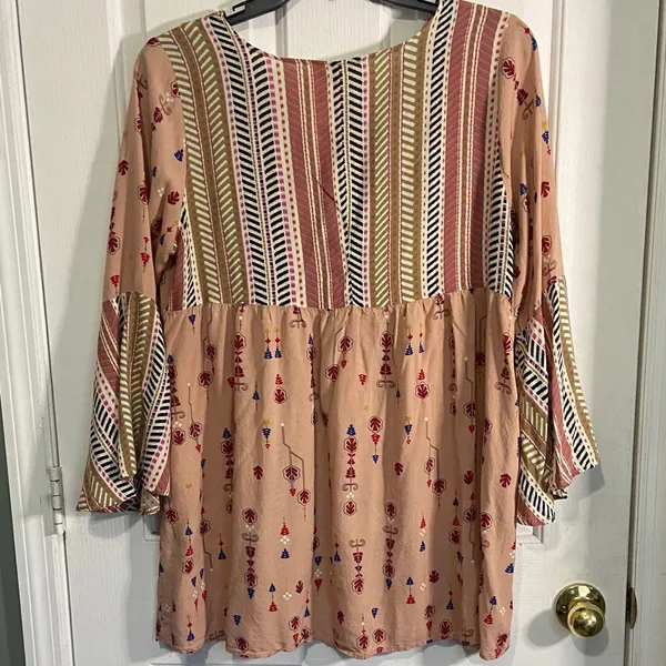 Umgee Blush Pink Printed Boho Tunic with Tie Neck - Image 3