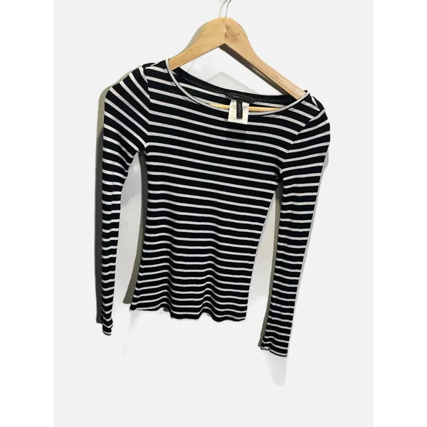 BCBGMAXAZRIA Striped Top Womens XS Black White Ribbed‎ Knit Long Sleeve Casual - Image 2