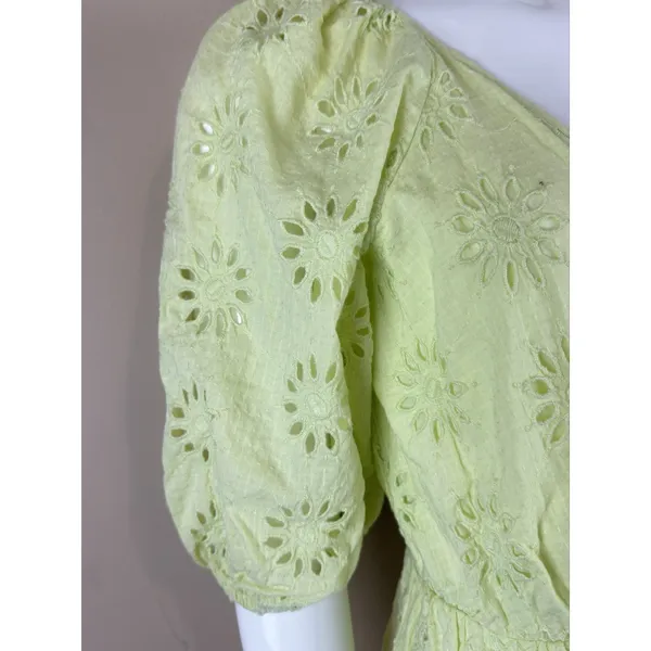Zara Women’s XS Lime Green Eyelet Mini Wrap Dress Puff Sleeve Lined Cotton - Image 6