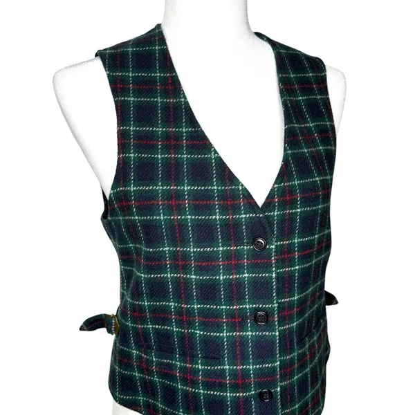 Vintage Eddie Bauer Vest S Lambswool Wool Waist Coat Buckle Plaid‎ Academia - Image 3