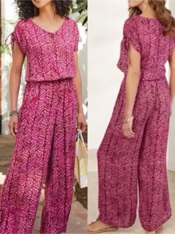 Soft Surroundings Poppy Wide Leg Jumpsuit Rosella Pink Fuchsia Boho Coastal - Image 2