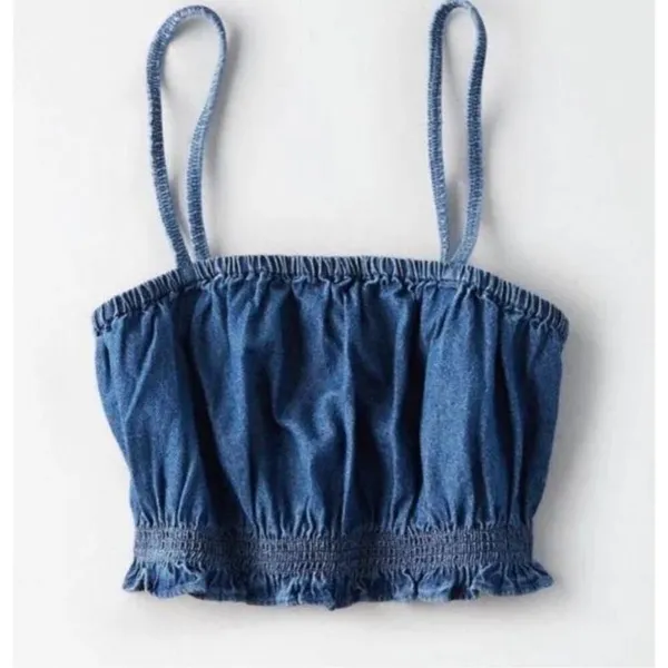 NWT Womens American Eagle Outfitters Blue Denim Chambray Ruffle Crop Top - Sz M - Image 2