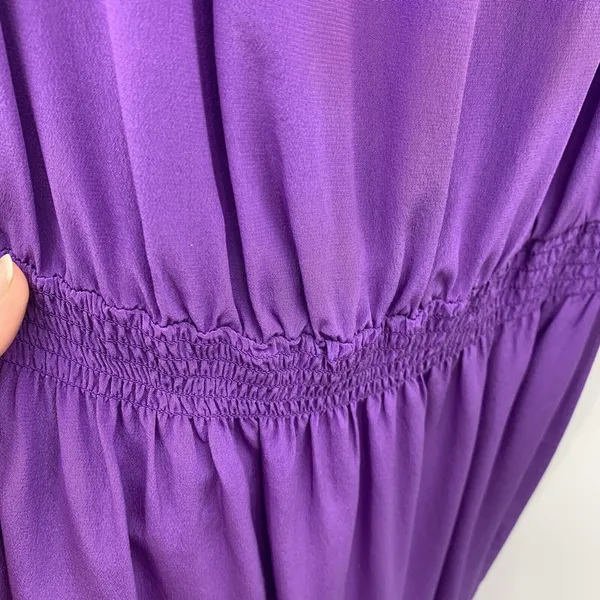 White House Black Market XS Mini Dress Silk‎ Cold Shoulder Smocked Purple - Image 8