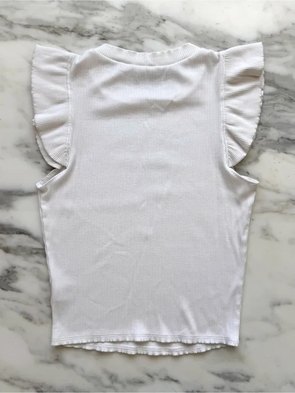 Alya White Ribbed Ruffle Flutter Sleeve Top • Sz M - Image 2