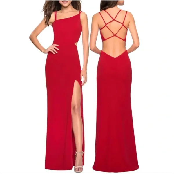 La Femme Gown Size 4 Red Asymmetrical Neck Strappy Back High Slit Evening Formal - Image 2