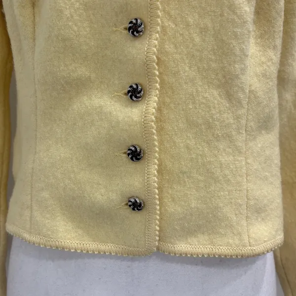 VTG Geiger Tyrol Butter Yellow Boiled Wool Sweater Jacket Floral Embroidered S - Image 4