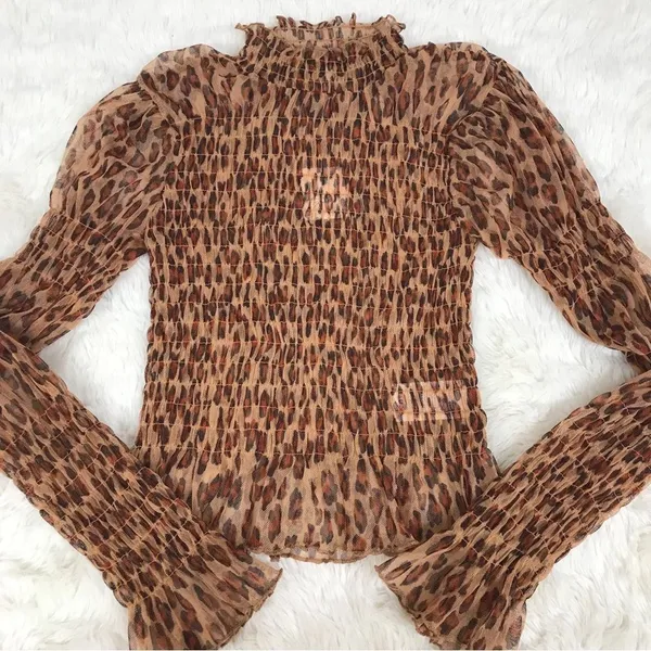 FREE PEOPLE Sheer Leopard Print Smocked Long Sleeve Top Mock‎ Neck Size XS New - Image 5