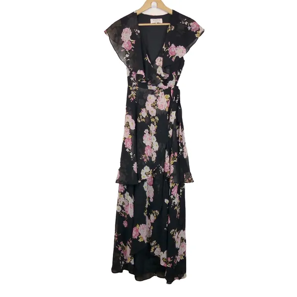 WAYF Palermo Wrap Dress Womens L Black Floral Chiffon High Low Maxi Romantic - Image 3