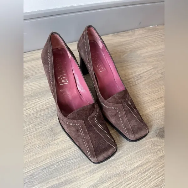 Y2K 2000s Marcello Barani chocolate brown suede heeled loafers made in Italy 6 - Image 5