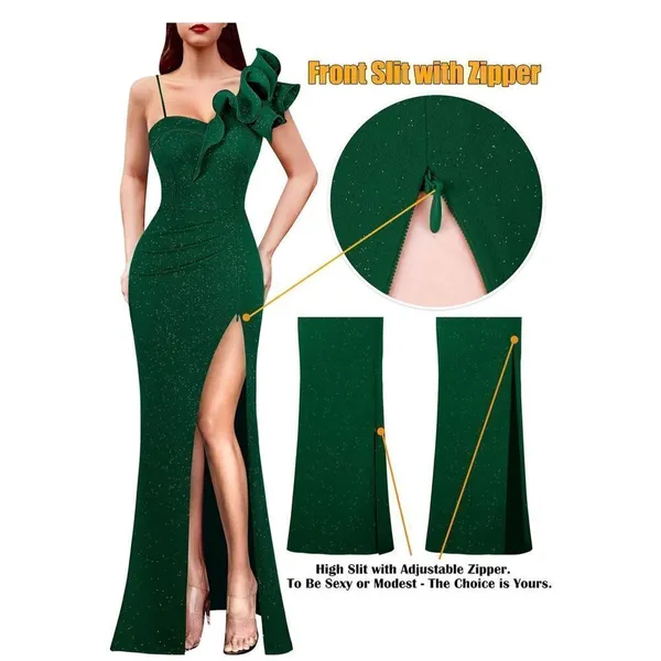 NEW Ruffle 1 Shoulder Strap Ruched Formal Prom Maxi Dress Split Gown S - Image 4