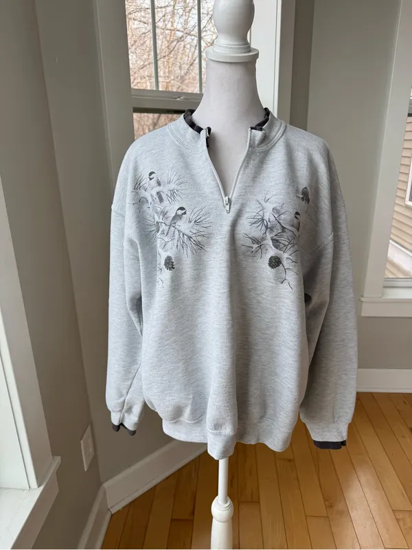 Vintage Cottagecore Gray Chickadee Birds Pullover Sweatshirt Sz Medium - Image 10