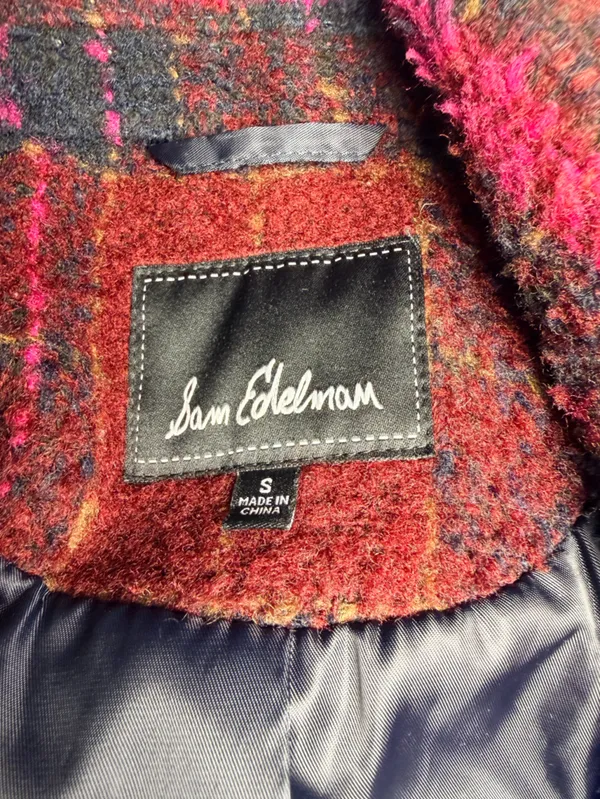 Sam Edelman Women’s S Plaid Double Breasted Boucle Coat Pink Burgundy Navy - Image 4