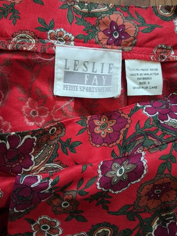 VTG Leslie Fay Red Paisley Floral A-Line Midi Pleated Skirt Cottagecore Feminin - Image 5