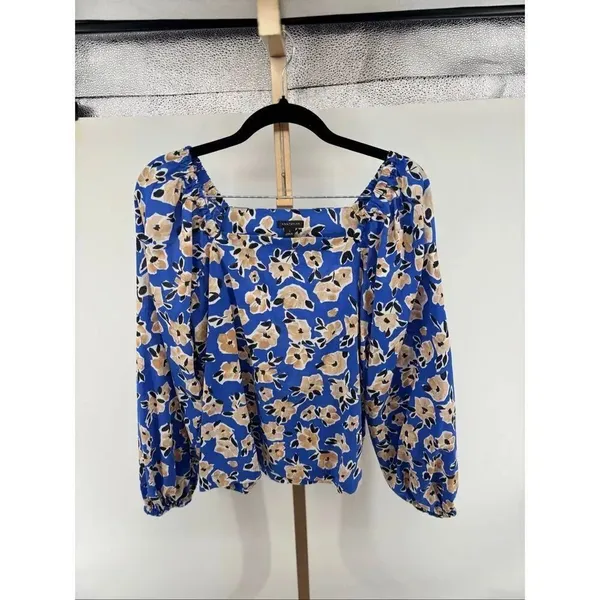 Ann Taylor Floral Square Neck Puff Sleeve Top Womens S Blue Tan Office Bohemian - Image 5