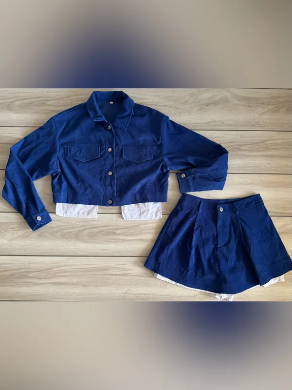 Monika Two-Piece Buttoned Crop Jacket & Skort Set Blue Small NWOT IN PACKAGE - Image 3