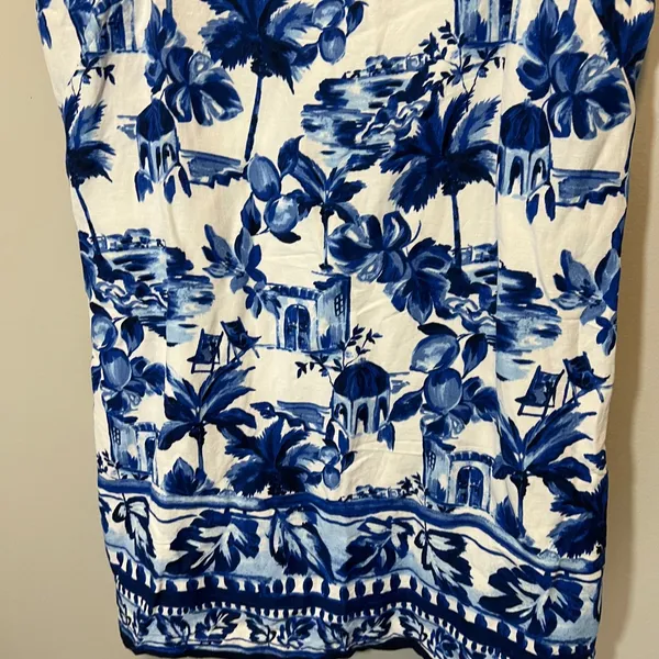 LOFT Blue White Mediterranean European Toile Linen Blend Mini Dress Palm Tree 14 - Image 3
