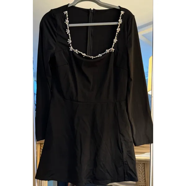 NEW Square Neck Bodice Beaded Pearl Diamond Long Sleeve Side Slit Mini Dress L - Image 4