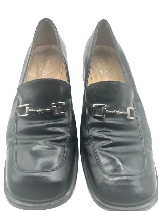 Gucci Size 9.5 Leather Block Heel Loafers Metal Buckle Details Black - Image 10