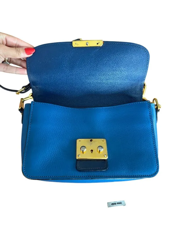 MIU MIU Blue Leather Madras Two Tone Chain Crossbody Bag - Image 5