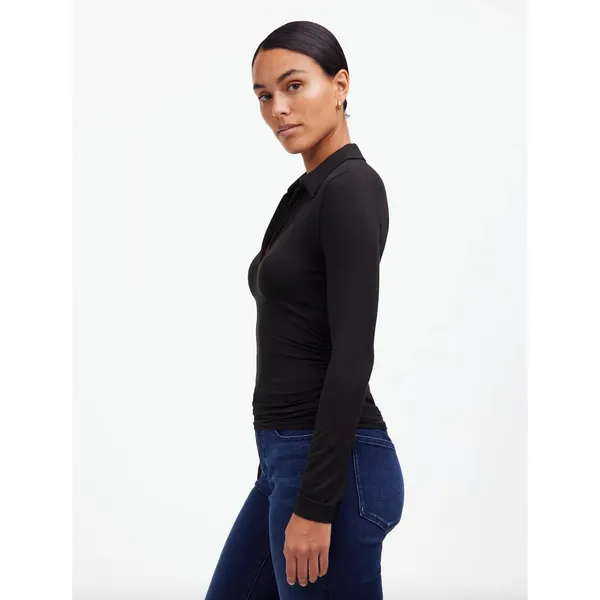 Madewell Side Cinch Long Sleeve Polo Top Stretch Jersey Knit Black XXS NWT - Image 2