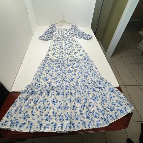 Love‎ Colette Off The Shoulder Maxi Dress Blue White Floral Womens Size Medium - Image 14