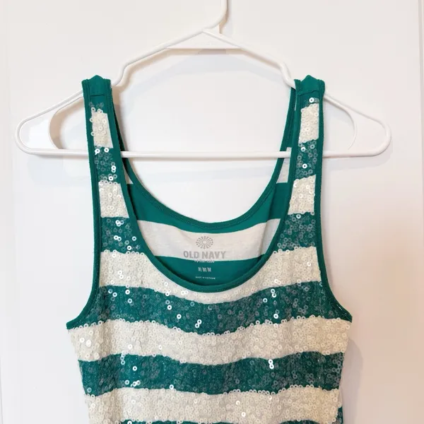 Old Navy Y2K Sequin Striped Tank Top Medium‎ Green White Preppy Layer - Image 2