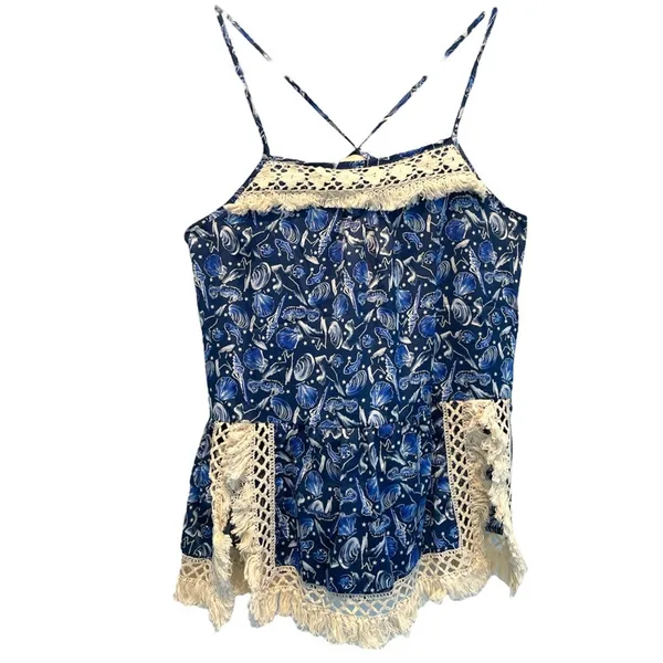 I Madeline Seascape Blue Fringe Sleeveless Top size Large - Image 2