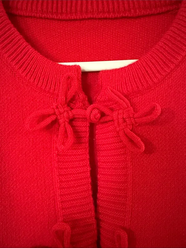 Classic Red Bow-Tie Front Cardigan Sweater - Image 3