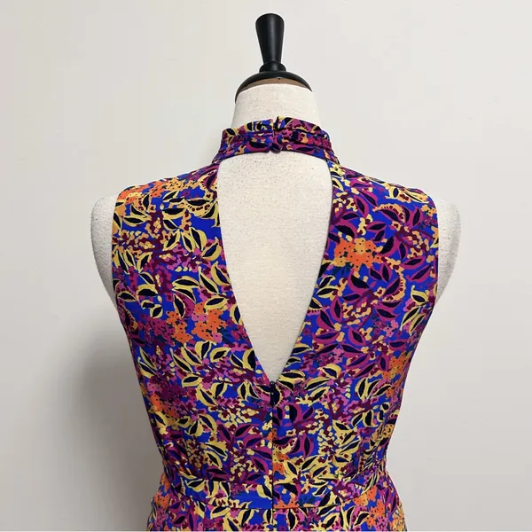 Saloni Blue Purple Floral Sleeveless Plunging V Neck Choker Neck Fleur Dress 8 - Image 5