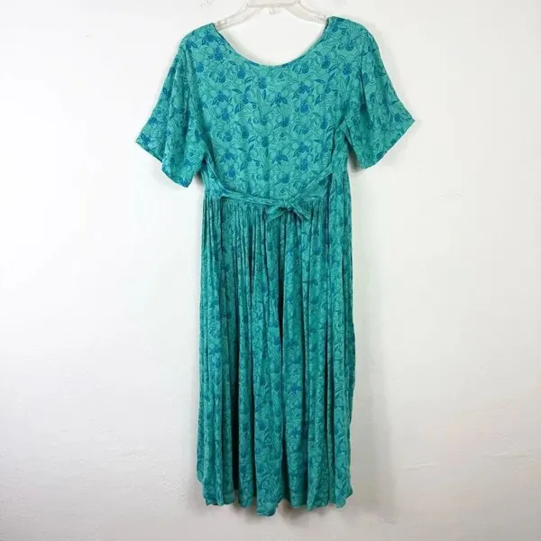 Vintage Done Down Under Aqua Teal Floral Button Front Tie Back Midi Dress Size S - Image 2