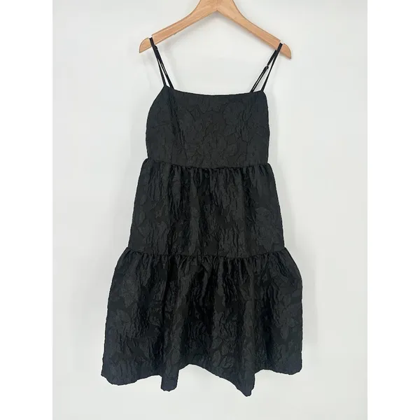 J. CREW Size 2 Floral Jacquard Strappy‎ Tiered Mini Dress Black Party Holiday - Image 2