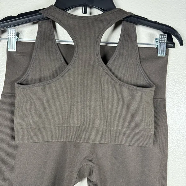 SET Active Dark Brown High-Waist Leggings & V-Neck Sports Bra Set SZ:XL - Image 3