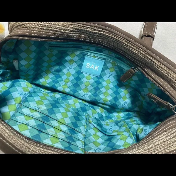 The Sak Woven Crochet Shoulder Bag Brown Taupe Satchel Purse Zip Top - Image 8