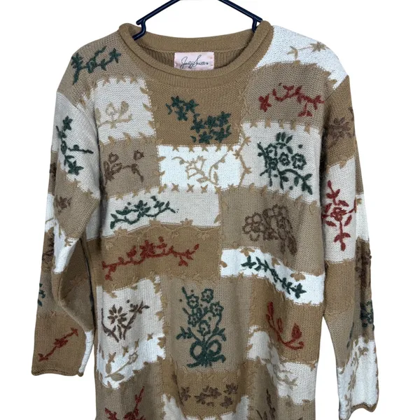 Jaclyn Smith Womens Patchwork Floral Knit Sweater Tan Cream Green Size M - Image 2