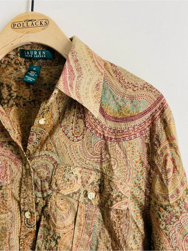 Lauren Ralph Lauren Paisley Button Down Shirt Size M Cotton Boho Blouse Brown - Image 3