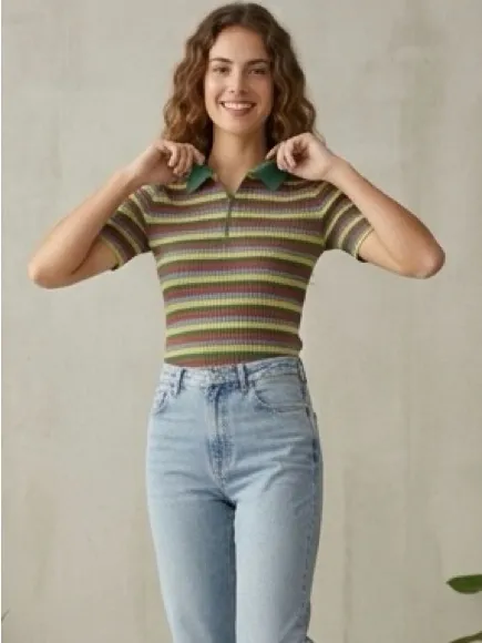 ZARA Multi-Colored Striped Ribbed Knit Polo Zip-Up Shirt Size M - Image 11